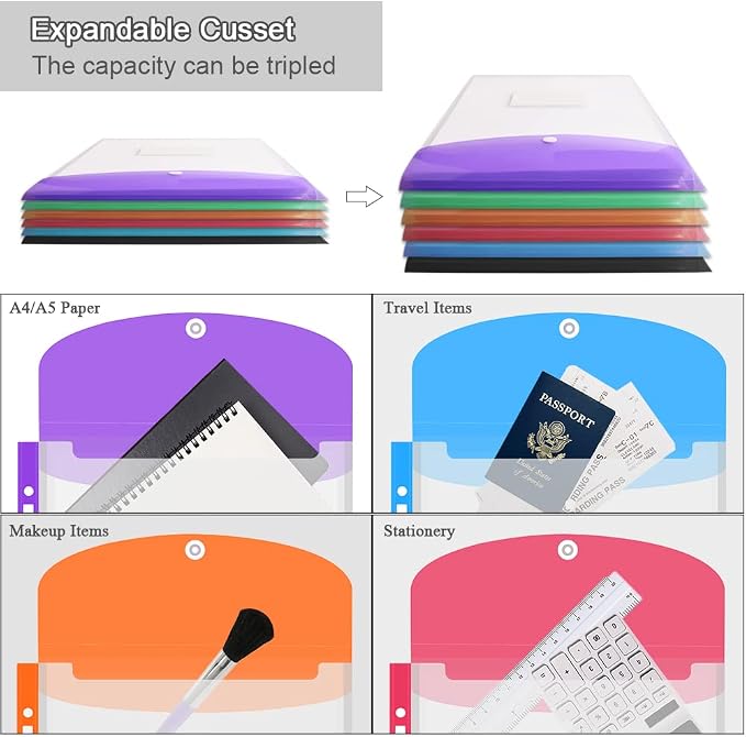 12 Pack Plastic Envelopes Binder Pocket 11 Holes Expandable Binder Folders for 2/3/4 Ring Document Pouch with Snap Button & Label Loose-Leaf Transparent for School Home Office (Vertical-Opening)