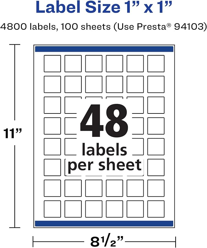 Avery® Matte White Removable Square Labels, Sure Feed® Technology, Print-to-The-Edge, 1" x 1", 4,800 Removable Labels, Laser/Inkjet Printable