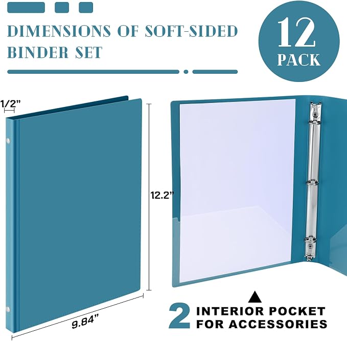 Fulmoon 12 Pcs Economy View 3 Ring Plastic Binder 12.2 x 9.8 Inch Plastic Round Ring Binders with Pockets Notebinder for Meetings for Home, Office, School(Turquoise, 1/2 Inch)