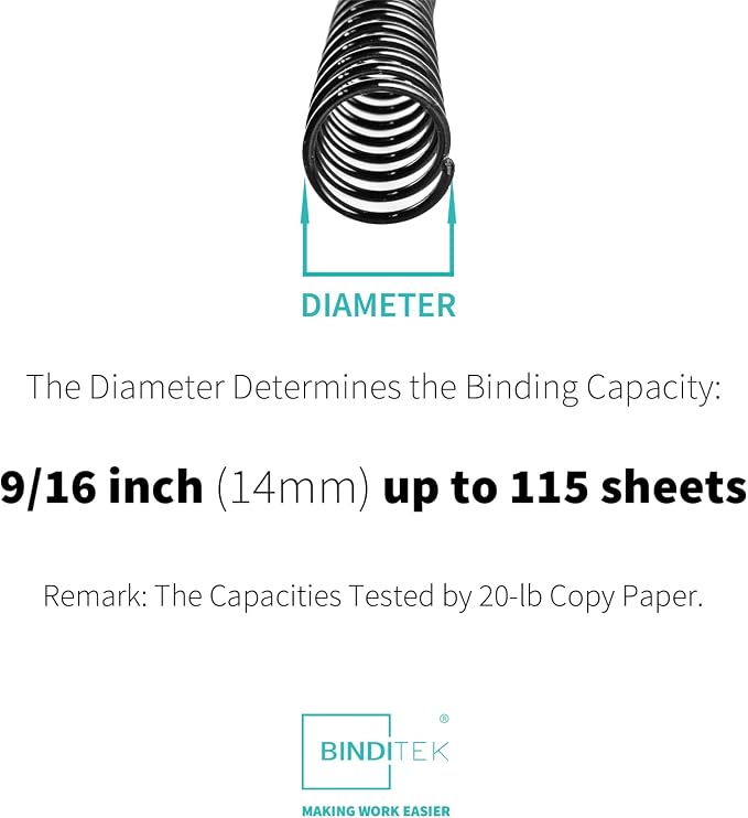 Binditek Plastic Spiral Binding Coils, 14 mm, 4:1 Pitch, Black, 100 Pack | Coil Binding Spines, 9/16", 115 Sheet Capacity, 48 Loops, for Letter-Size Reports, Presentations, School and Office Projects