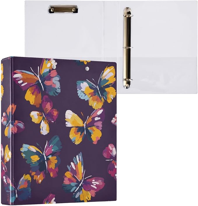 Colorful Purple Butterfly Binder 3 Ring 1.5 Inch Binder with Clipboard&Pockets, Hardcover Binders Heavy Duty Large File Folder for Office School Supplies - Holds 200 Sheets