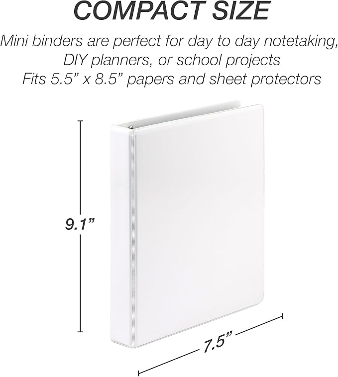 Samsill Durable 1 Inch Mini 3 Ring Binder, Round Ring Binder, Holds 5.5 x 8.5 Inch Documents, Customizable Cover, 1" View, Single, White