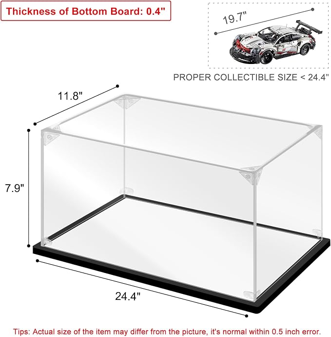 Acrylic Display Case for Collectibles Assemble Lego Model Car Display Cases for Lego Sets 42096 Clear Large Acrylic Box for Display Hobby Toys Action Figures(Black,24.4*11.8*7.9 inch)