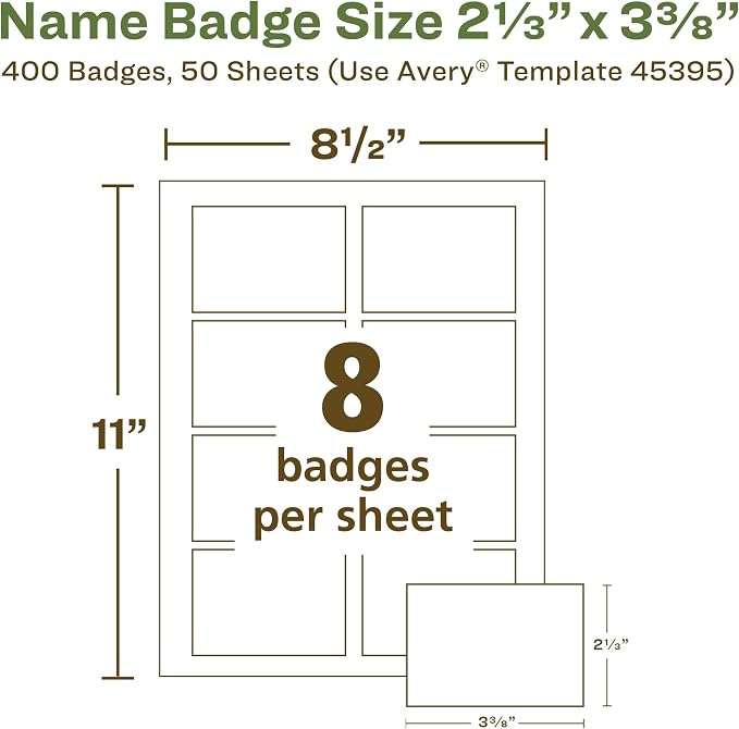 Avery EcoFriendly Recycled Name Tags, 2-1/3" x 3-3/8", White, Removable Adhesive, 400 Printable Name Badges (45395) (Pack of 2)