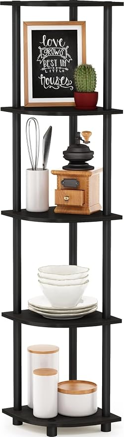 Furinno TURN-N-TUBE Corner Shelf, 5-Tier Corner Bookshelf, Open Storage Shelves, for Organization and Storage, Living Room, Home Office, Garage, Bedroom, Espresso