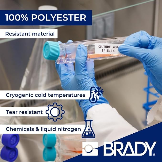 Brady Authentic (M4-86-461) Self-Laminating Cryogenic Polyester Labels 0.6" H x 2.625" W Black on White, Clear, 120 Labels. for use with The BMP41, BMP51, and M511 Label Printers