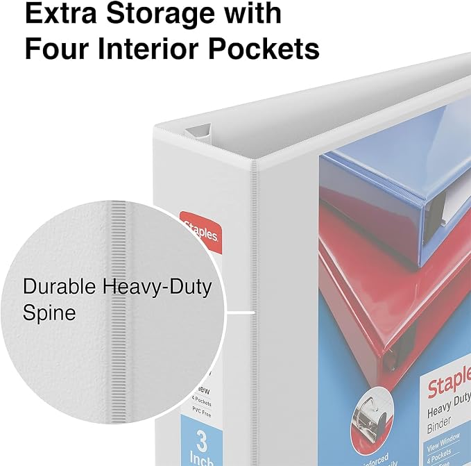 Staples Heavy-Duty 3-Inch D-Ring View Binder, White – Large Capacity 3-Ring Binder for School & Office Storage