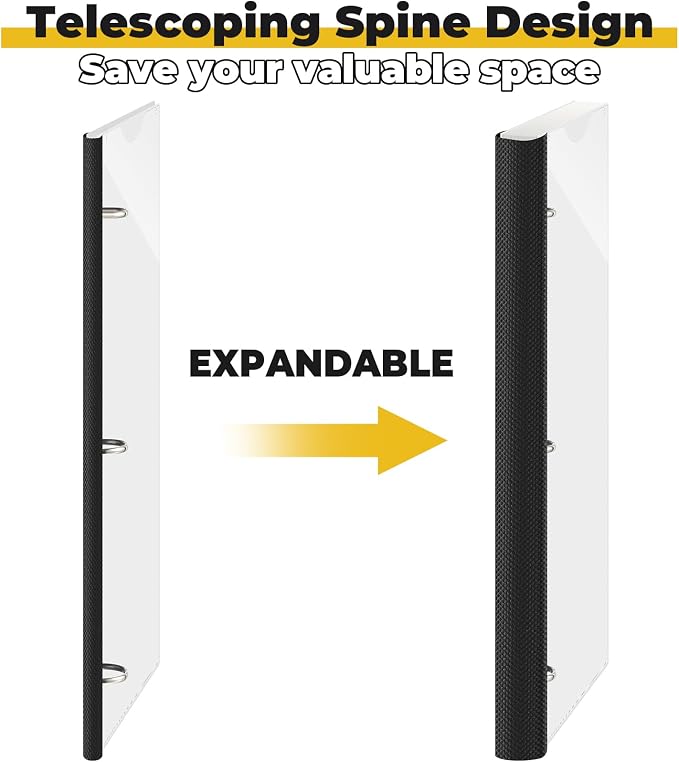 Henoyso 6 Pcs 1 Inch Telescoping 3 Ring Binder with Expandable Telescoping Spine 200 Sheets Capacity with Clear Front Cover 3 Round Rings Flexible Plastic Notebook Binder for School, Office(White)