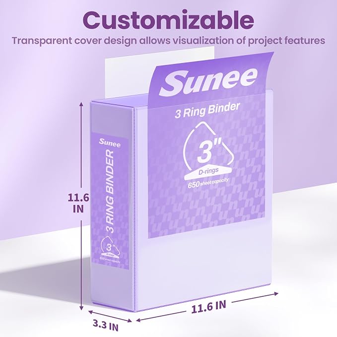 SUNEE 3 Ring Binder 3 Inch D Ring, Clear View Binder Three Ring PVC-Free (Fit 8.5x11 Inches) for School or Office Supplies, Light Purple, 1 Pack