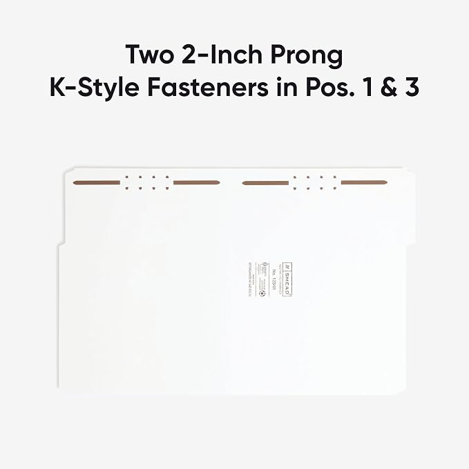 Smead Fastener File Folders, Reinforced 1/3-Cut Tabs, 2 Fasteners, Letter Size, White, 50 per Box (12840)