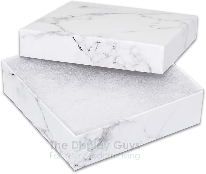 TheDisplayGuys 25 Cardboard Jewelry Gift Boxes with Inserts - Marble White | Size #33 - 3.5" x 3.5" x 1.0", Lids, Cotton Filled Padding, Kraft Paper, Bulk Pack Case, for Shipping, Organizers, Storage