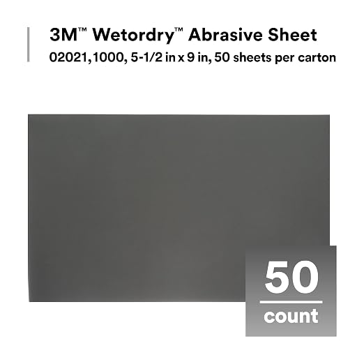 3M Wetordry Abrasive Sheet, 401Q, 02021, 1000+ Grade, 5 1/2 in x 9 in | 50 Sheets, Fast Cutting, Auto Body Sanding, Paint Finishing