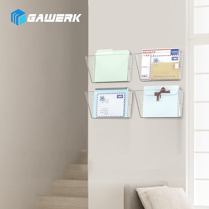 Gawerk Single Pocke Wall Mount File Holder Organizer (Clear, 4 Pack) | Acrylic Hanging Wall Organizer, Plastic Wall Mount Mails Magazines Organizer for Office and Home