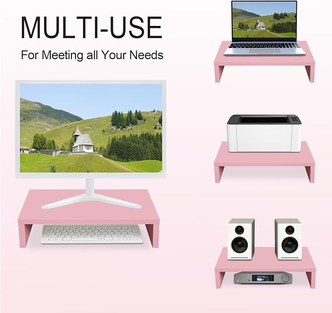 TEAMIX Pink Monitor Stand Riser for Desk, Small Computer/Laptop Stand Wood | 14.2"L x 9.5"W, Holds 80 lbs, Desktop Organizer Shelf, Ergonomic Morden Design, Easy Assembly, For Home Office, Gaming