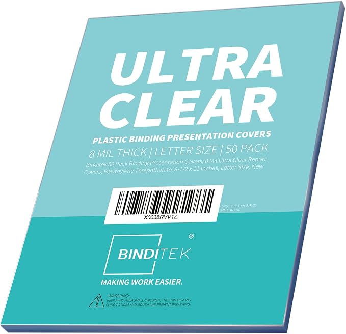 Binditek 8 Mil PET Binding Covers, 8.5 x 11 Inches, Ultra Clear, 50 Pack | Plastic PET Binding Covers, Letter Size, Ultra Clear, Square Corners, Unpunched, Ideal for Business Reports and Proposals