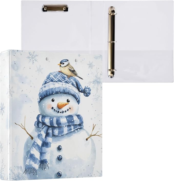 Winter Snowman Bird Snowflake Blue and White 3 Ring Binder 1.5" Decorative D-Ring Binder with Clipboard&3 Clear Pockets, Holds 200 Sheets A4 Size Paper Waterproof Binders for School Home Office