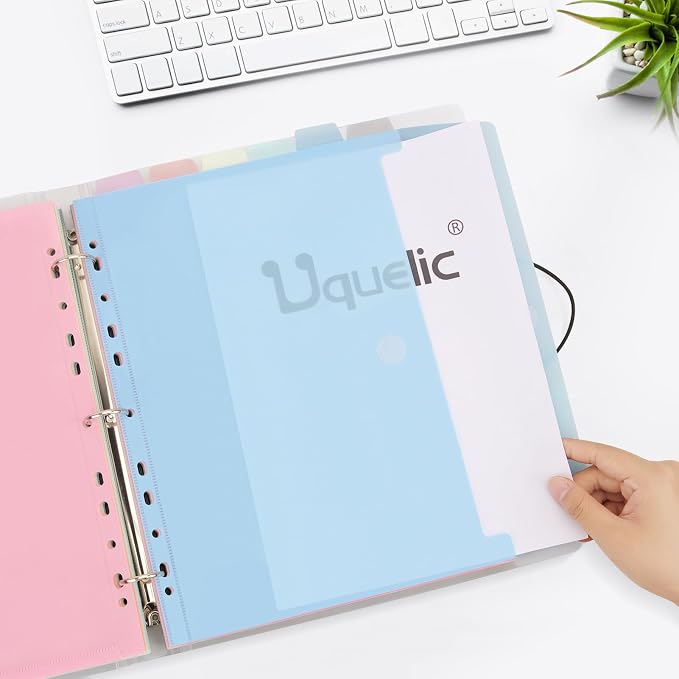 Uquelic A4 Binder, Folio Document Organizer, 3 Ring Folder Letter Size | Cute 12-Pocket Life Binder for Paper, Files, Photos, Letters, Cards (Clear-Macaron)