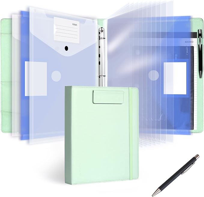 Leathario 1 Inch 3 Ring Binder with Clipboard Storage Vegan Leather | Includes 10 Clear Divider Pockets, 4 Envelope Pockets, 1 Pen Bag and 1 Pen, Suitable for A4/8.5x11 Paper, for Students Work