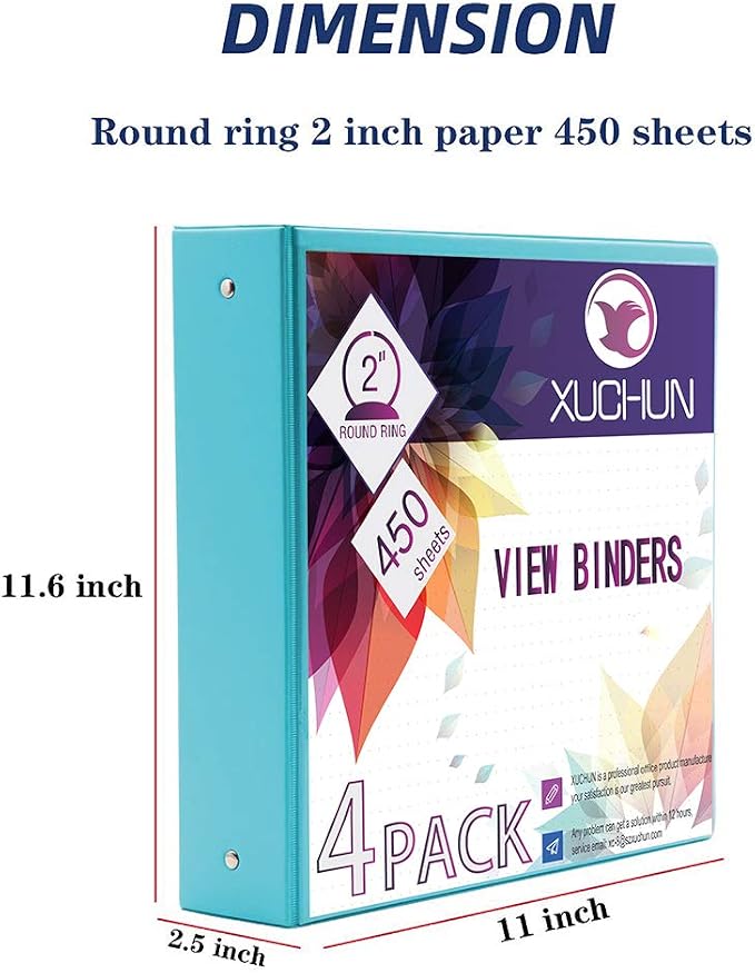 XUCHUN 3 Ring Binders 2 Inch,Clear View Binder with 2 Pockets, Holds 450 Sheets 8.5x11 Inches Paper, Customizable Cover & Spine, Large Capacity Binders for Office, School, Home, Business