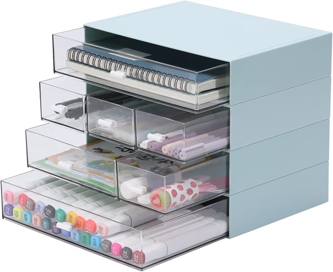 Stackable Storage Drawers, Office Desk Organizer with 7 Flat Drawers | Blue, Plastic Mini Desktop Storage Box, Tabletop Small Craft Drawer for Office Supplies, Makeup Desk Organizer and Accessory