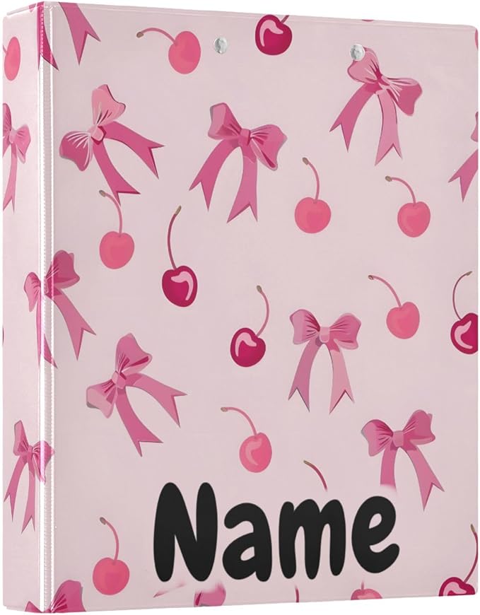 Custom 3 Ring Binder Pink Bows Cherry 1.5" Round Ring Binders Personalized Name View Binder with 200 Sheet for Kids School Supplies Women Men Office, 1 Pack