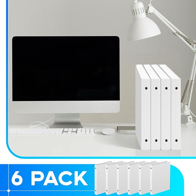 Henoyso 1 Inch 6 Pack Mini 3 Ring Binders for 5.5"x8.5" Paper,White | Holds 200 Sheets, Plastic Small Binders, Round Three Rings, Flexible PP Covers, School Office, Photo Album Planner Journal