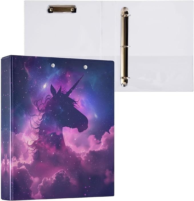 Unicorn Starry Sky Hard Cover Ring Binder 1.5 Inch 3 Ring, Printed Ring Binder with Metal Non-Slip Clip Clear Pocket Water Resistant Round Ring Binders for Recipe Budget Office
