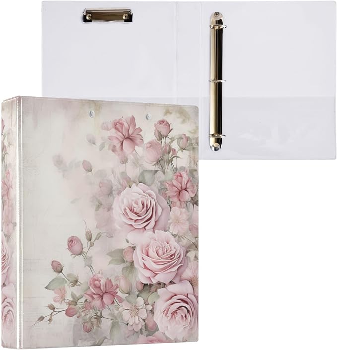 Pink Rose Flower Muted Color 3 Ring Binder with 2 Interior Pockets 1.5 inch Binders 3 Ring Heavy Duty Fit 8.5" x 11" Letter Size for Office School, 2 Pack