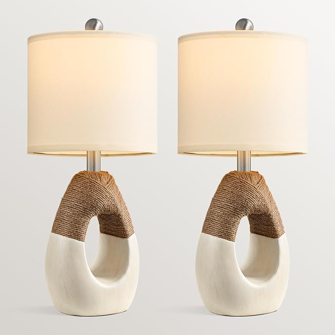 19'' Small Boho Table Lamps for Bedroom Set of 2, Farmhouse Rattan Bedroom Lamps for Living Room Rustic Home Decor, Nightstand Bedside Lamps for Sofa Table Entry Way, Suitable for Small Places