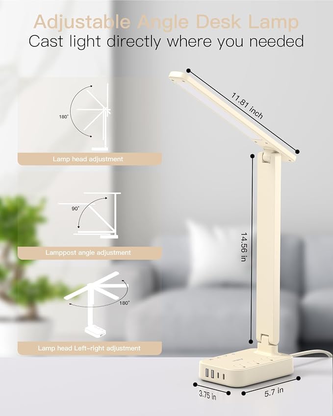 Addtam LED Desk Lamp, Power Strip with 3 Outlets 4 USB Charging Ports(2 USBC), 4 Modes 5 Level Brightness Touch Lamp, Small Desk Lamp for Home Office College Dorm Room Essentials, Cream