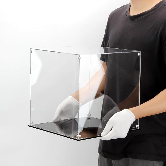 12 Inch Clear Acrylic Case for Display with Black Base | Cube Display Acrylic Box for Collectibles, Alternative Glass Case for Display Figures Home Storage Organizing Arts Showcase