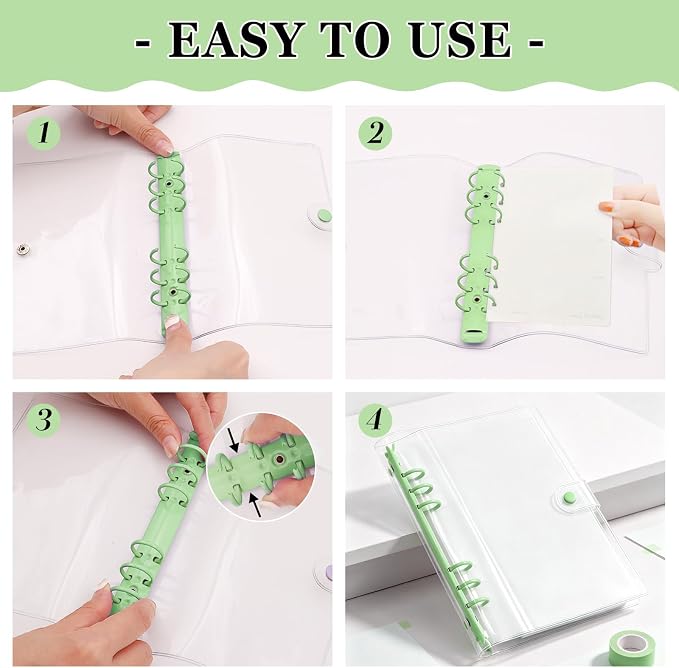 A5 Binder 6 Ring, Clear PVC Notebook Cover, Refillable Planner | Loose Leaf Budget Binder with Snap Button Closure, Round Ring Binder for School Office Home, 2 Pack, Green and Yellow
