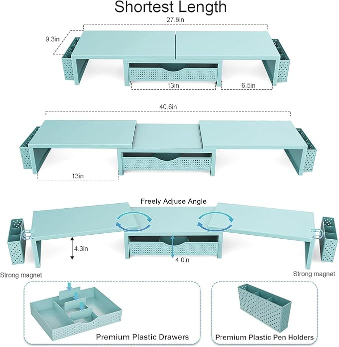 gianotter Dual Monitor Stand Riser With Drawer and 2 Pen Holders | Computer Monitor Stand Desk Organizer and Accessories Desk Shelf for Top of Desk (Blue)