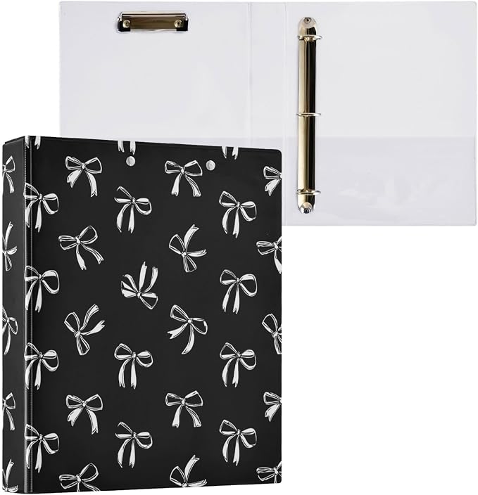 Aslsiy White Bow Ribbon 3 Ring Binder 1.5 Inch Black Round Clipboard Binder Decorative Harcover Binders Organizer for Office Supplies