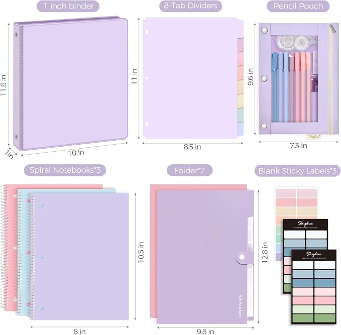 SKYDUE School Supplies Set – 1" 3-Ring Binder, 2 Expanding File Folders, 3 Spiral Notebooks, 8 Tab Dividers & Pencil Pouch – Cute Stationery for High School Stude, College Essentials Purple