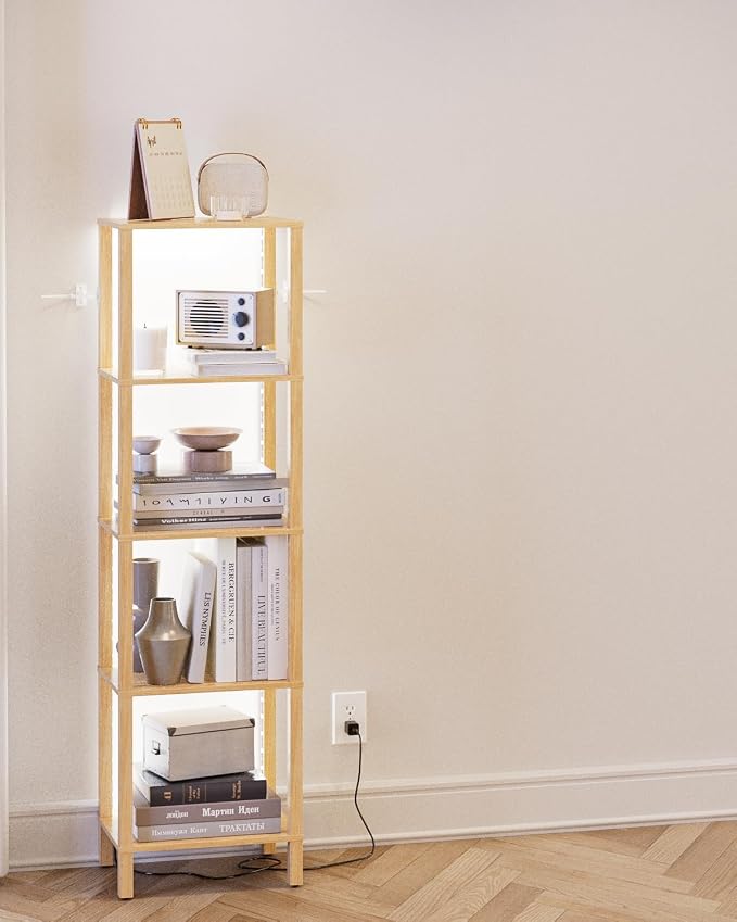 Open Book Shelf with LED Lights, 5 Tier Tall Bookshelf, Freestanding Shelf Narrow Bookcase with Open Shelves, 14.96" x 10.63" x 53.54", Book Shelves for Living Room, Office, Study, Oak