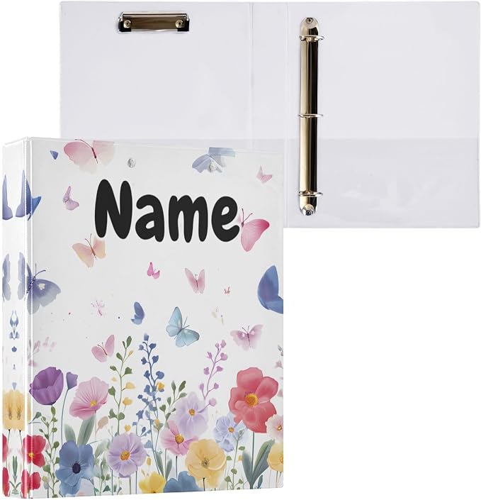 Custom 3 Ring Binder Butterfly Blossom Spring Flowers 1.5" Round Ring Binders Personalized Name View Binder with 200 Sheet for Kids School Supplies Women Men Office, 1 Pack