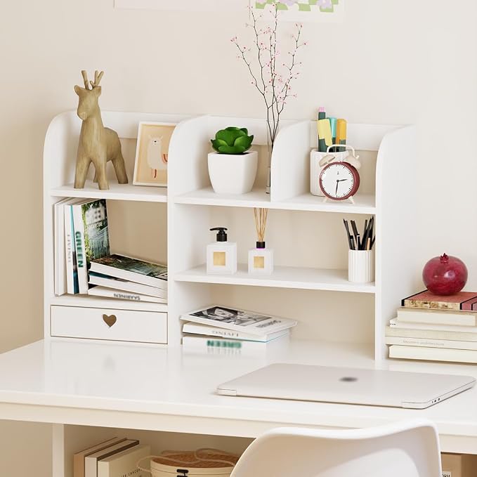 Cute Bookshelves Cute Bookshelf for Desk Kawaii Desk Organizer with Drawer Office Desk Organizers and Accessories Storage Home Decor Display (White)