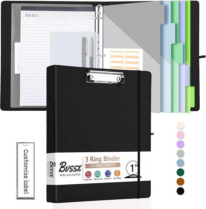 3 Ring Binder with Clipboard,1 Inch Binders with Notepad&5 Dividers with Pockets, Labels,PU Clipboards for School Office(Black,Letter Size)
