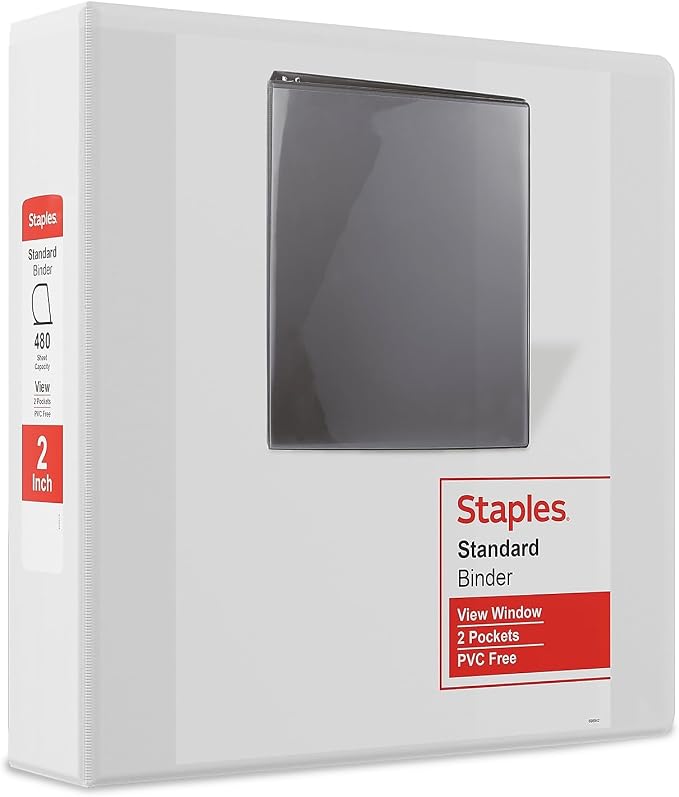 Staples 3-Ring Binder, 2 Inch D-Ring, White, 480 Sheets, 6-Pack | High-capacity organizer for home, office, and school document storage.