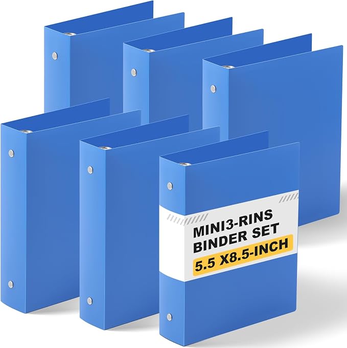 Henoyso 2 Inch 6 Pack Mini 3 Ring Binders for 5.5"x8.5" Paper,Blue | Holds 375 Sheets, Plastic Small Binders, Round Three Rings, Flexible PP Covers, School Office, Photo Album Planner Journal