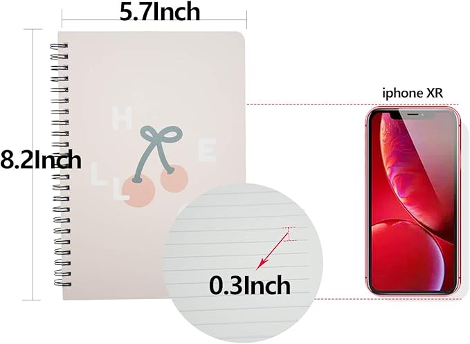 Yansanido Spiral Notebook, 4 Pcs A5 Cherry Design Hardcover 8mm Ruled 4 Color 80 Sheets -160 Pages Journals for Study and Notes (Cherry)