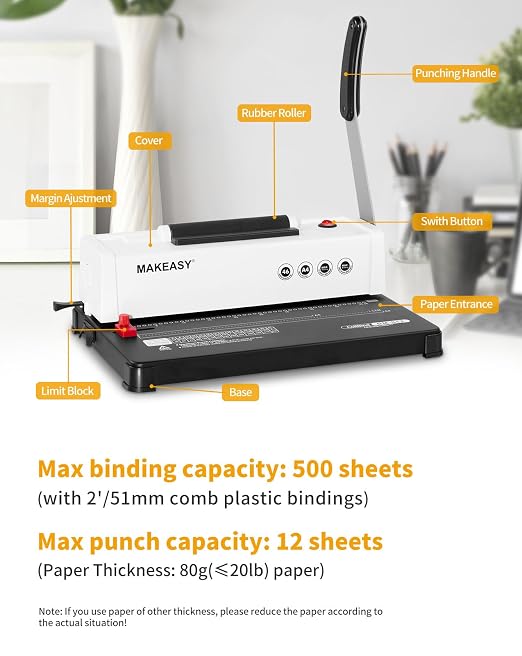 Spiral Binding Machine, 4:1 Pitch, 12 Sheets Punch Capacity, Electric Coil Insert, Book Binder Machine for A4/A5/Letter Size Paper, Come with 1 Box pcs 5/16'' Coils & Pliers
