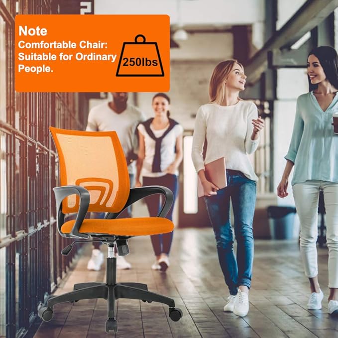 BestOffice | Ergonomic Office Chair | Mid-Back Swivel Desk Chair | Breathable Backrest & Lumbar Support | Adjustable Height | Sponge Seat | Rolling Wheels | Orange | for Adults & Women | Pack of 2