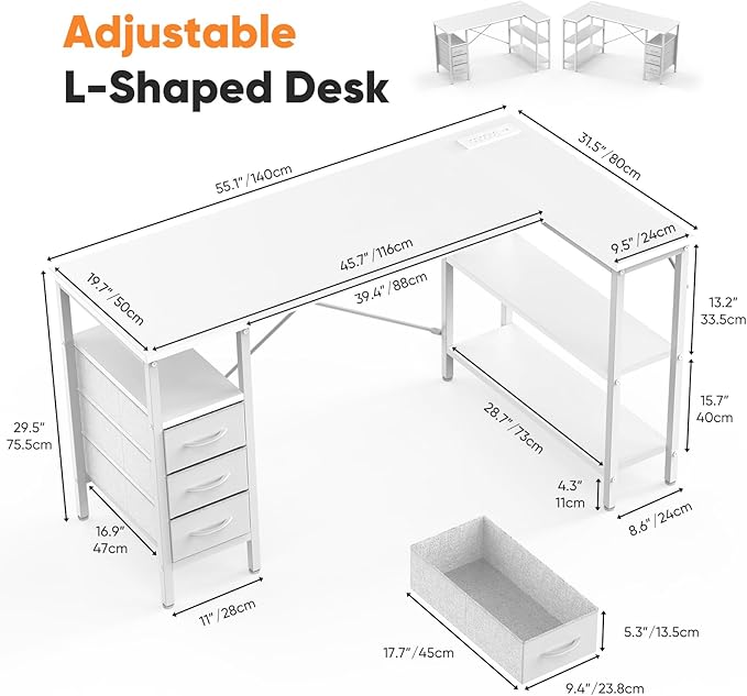 DUMOS L Shaped Desk with Drawers, Gaming Desk, 55 Inch | Power Outlet, Study Table, Adjustable Shelves, Home Office, Corner Computer Workstation, Bedroom, White