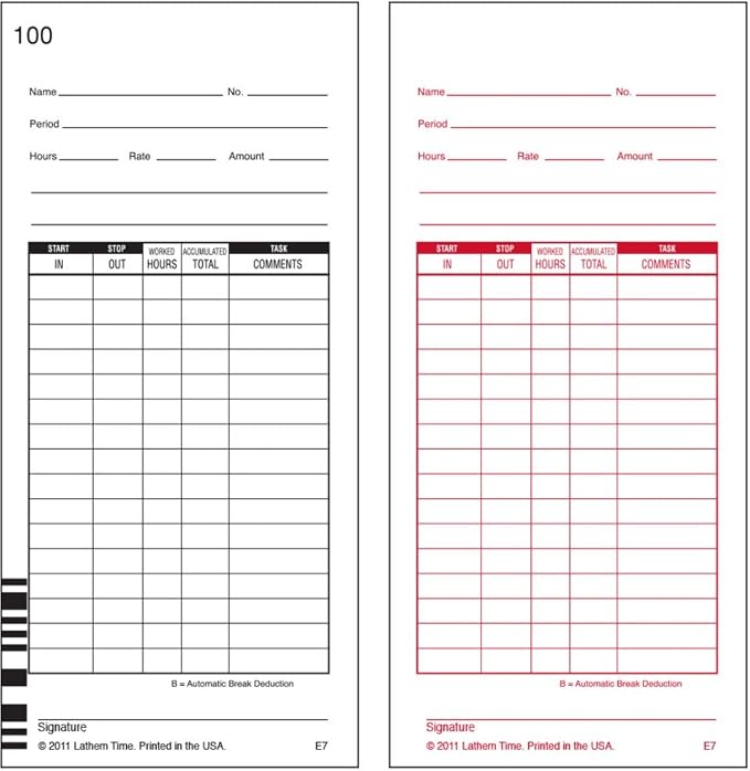 Lathem E7-1000 Model E7 Time Card (Box of 1000) For use with Lathem 7000E and 7500E Calculating Time Clocks, Double Side Print, Rotary Cut for Accuracy