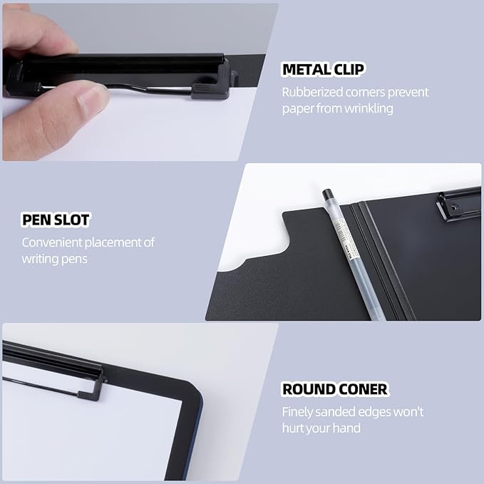 FRETONBA Clipboard Folder, 2 Pcs A4 Foldable Clipboard with Horizontal and Vertical Double Metal Clips, 360 Degree Foldable Binder Clipboards with Pen Holder, File Cover Work Folder Clipboards, Blue