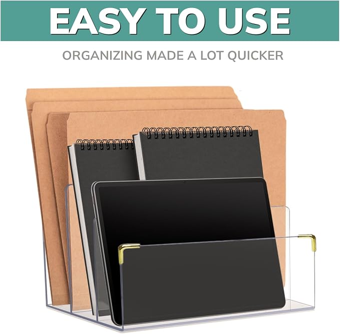 pbf Acrylic File Holder | Clear File Organizer for Desk w/ Gold Accents | Acrylic Desk Organizer, Folder Holder, Mail Sorter, File Stand, Magazine Divider, Laptop, Notebook, & Letter Organizer