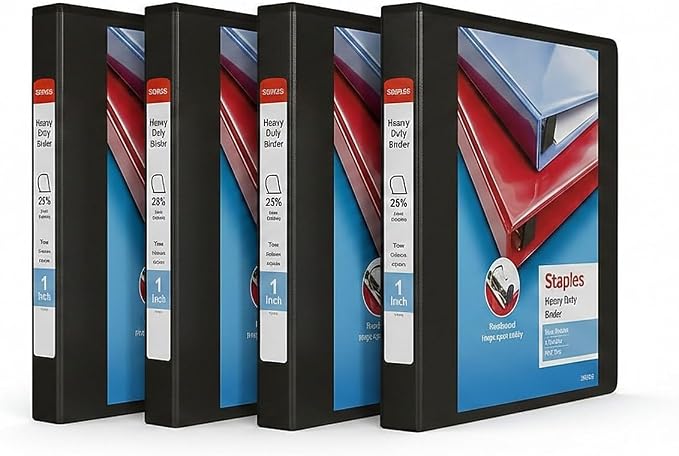 Staples Heavy Duty 1" 3-Ring View Binder, D-Ring, Black, 4/Pack