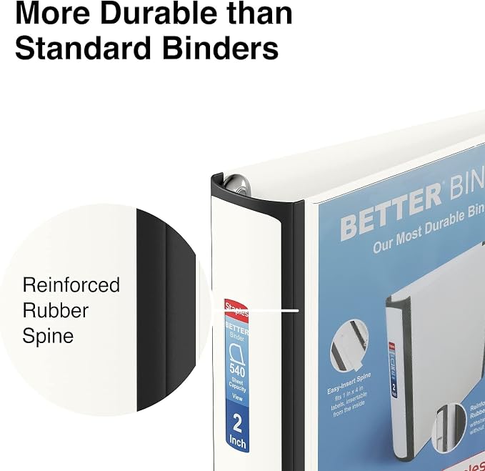 Staples Better Binder, 2-Inch 3-Ring, White, Locking Rings, 2-Pack | Wide spine view binder with durable construction for office organization.